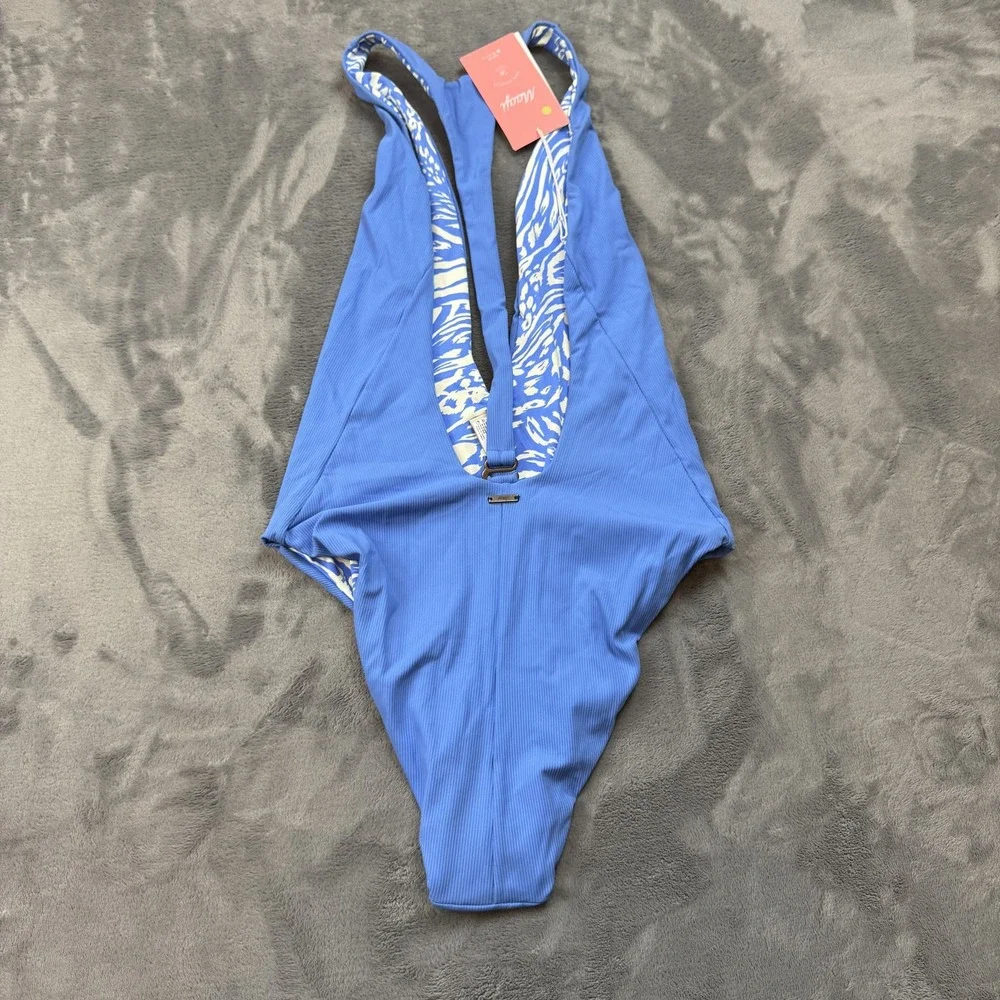 Maaji Swimsuit Womens Large Blue Reversible One Piece Plunge Ribbed Tropical - Picture 10 of 16